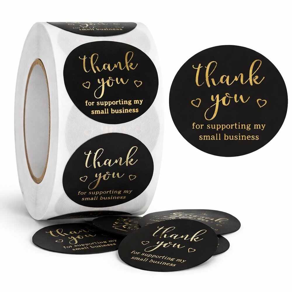 500ct Thank You Round Stickers, 1 inch, Black/Gold